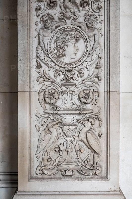 Decorative bas-relief with arabesques and herons, Royal Academy of Arts, Art Gallery and Academy of Arts, Burlington House, Piccadilly, London, England, Great Britain