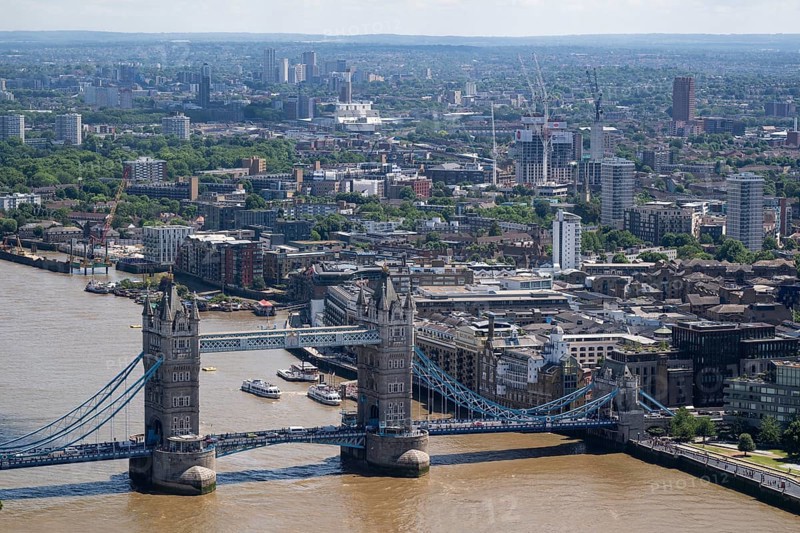 City panorama seen from Sky Gardens with Tower Bridge spanning the Thames, London, England, Great Britain