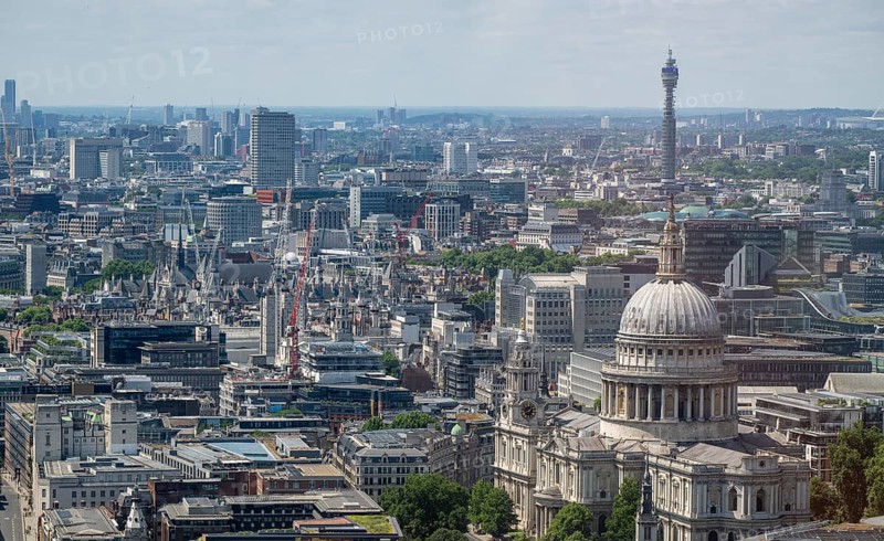 View of London city center from Sky Gardens with St. Paul's Cathedral and BT Communication Tower, London, England, Great Britain