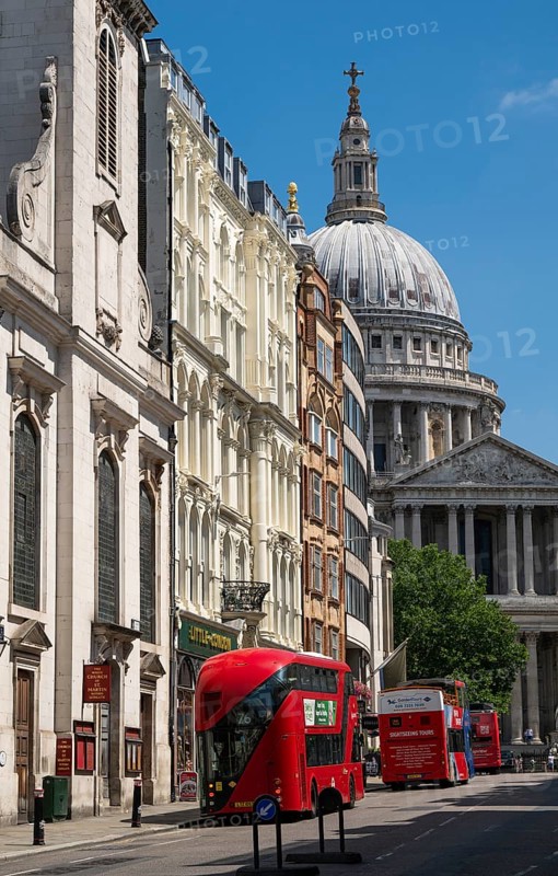 Red double-decker buses on Lugate Hill Street with historic buildings and the dome of St. Paul's Cathedral in the background, London, England, Great Britain