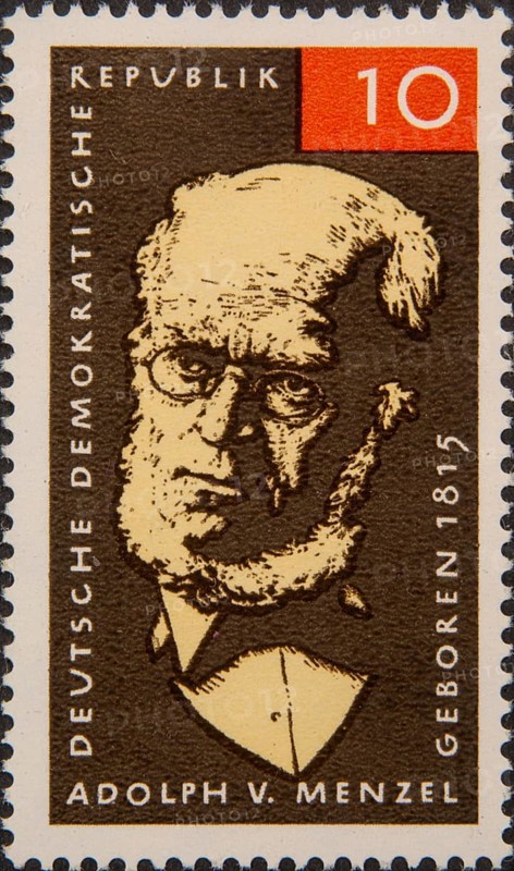 Adolph Friedrich Erdmann von Menzel (1815-1905) was a German artist, especially a history painter and book illustrator. Portrait on a German postage stamp
