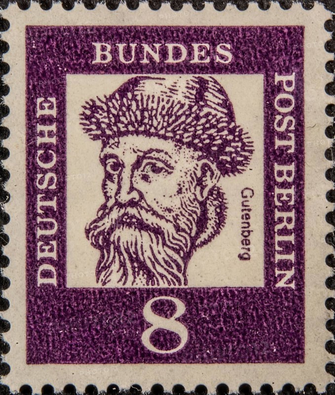 Johann Gutenberg, (about 1400-1468) a German book printer and inventor. Portrait on a German postage stamp