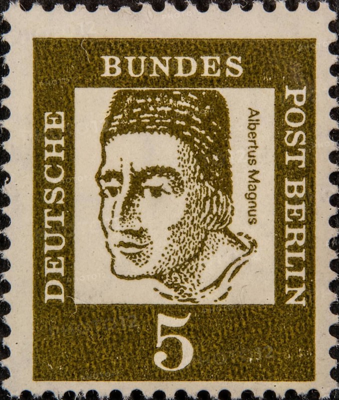 Albertus Magnus, also Albert the Great, Albert of Cologne, (1206-1280) was a German philosopher, theologian and naturalist. He was Bishop of Regensburg from 1260 to 1262 and belonged to the Dominican Order. He was declared a Doctor of the Church and a saint in the Roman Catholic Church in 1931. Portrait on a German postage stamp