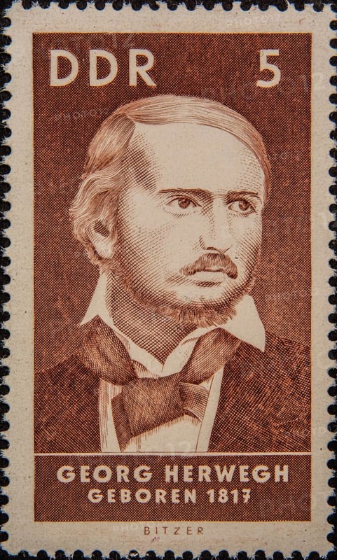 Georg Friedrich Rudolph Theodor Herwegh (1817–1875) was a German poet who is considered part of the Young Germany movement. Portrait on a German postage stamp