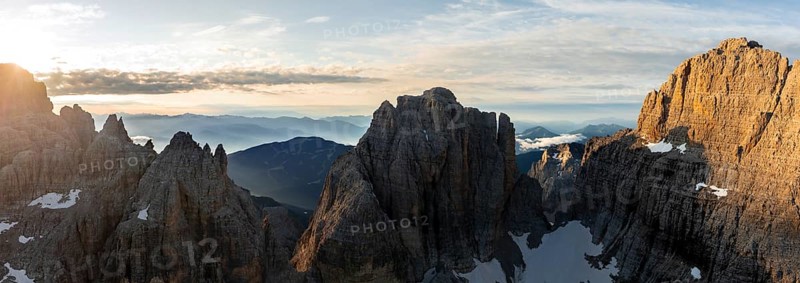 Impressive mountain peaks of the Brenta Mountains, sunrise, 360 degree alpine panorama, aerial view, Brenta, Brenta-Adamello Natural Park, Trentino, Italy