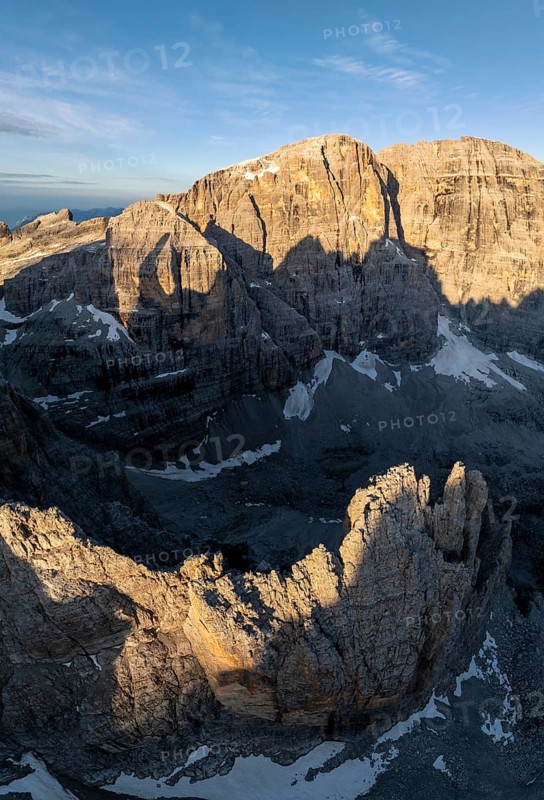 Impressive mountain peaks of the Brenta Mountains, sunrise, 360 degree alpine panorama, aerial view, Brenta, Brenta-Adamello Natural Park, Trentino, Italy