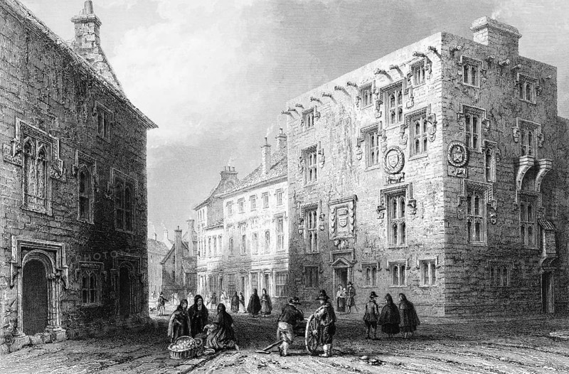 Street scene in Galway, County Galway, Ireland, marketplace with saleswomen, full basket, horse cart, trade, conversations, people, houses with ornaments, corner house, landmark, steel engraving, 19th century, historical illustration from 1845