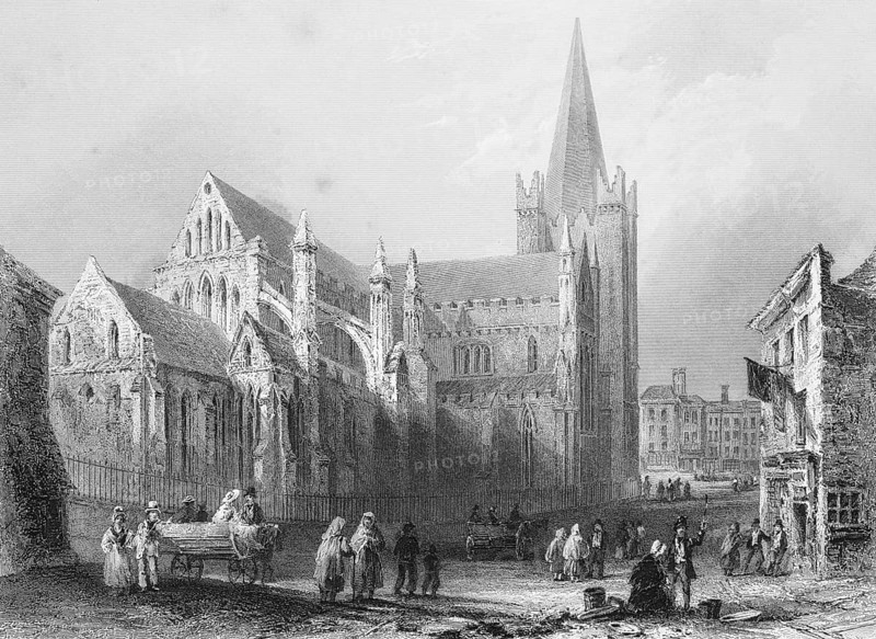 Cityscape with gothic cathedral, Ireland, many people, trade, sales, square, horse-drawn carriage, architecture, religion, landmark, steel engraving, 19th century, historical illustration from 1845