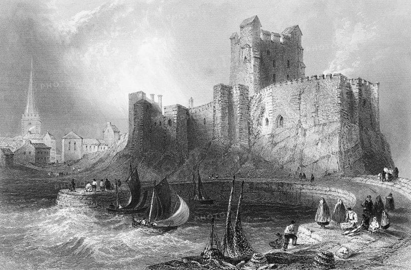 Carrickfergus Castle on the coast, Carrickfergus near Belfast, Northern Ireland, fortress, battlements, tower, pier with walkers, sailboats, waves, strong wind, town with church, fishing nets, transport, masonry, landmark, steel engraving, 19th century, historical illustration from 1845