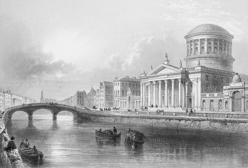 Four Courts on the River Liffey, Court House, Dublin, Ireland, Classicism, Waterfront, Justice, Domed Building, Column Front, Row of Houses, Bridge, Lots of People, Rowing Boats, Transportation, Landmark, Steel Engraving, 19th century, Historical Illustration from 1845