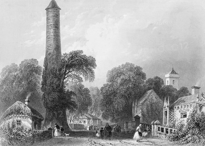 Street scene of a small town in Ireland, peaceful life, village idyll, dirt road, round tower, church tower, building, smoking chimney, natural roof, people, woman, children, dog, quiet atmosphere, trees, landmark, steel engraving, 19th century, historical illustration from 1845