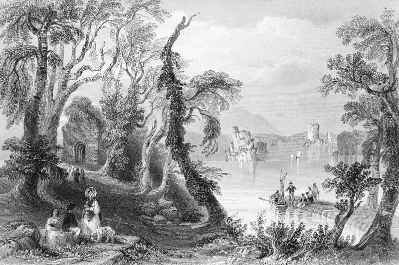 Idyllic, romantic Ireland, walkers taking a break, shore on the lough, lake, tower, rowing boat, pier, small chapel, enchanted trees, quiet natural landscape, unspoiled, happy atmosphere, landmark, steel engraving, 19th century, historical illustration from 1845
