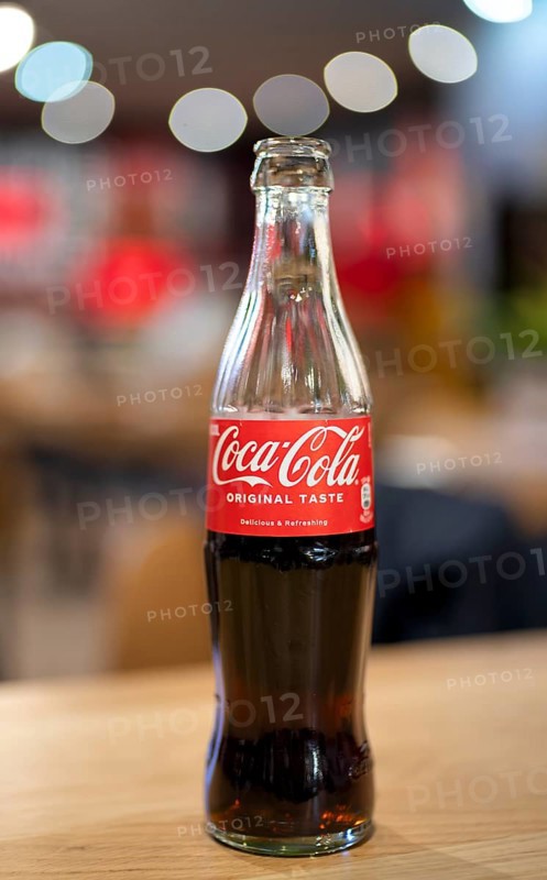Coke, Coca-Cola, bottle, 0.3 liter, half full, half empty, standing on a table, restaurant, bar, Stuttgart, Baden-Württemberg, Germany