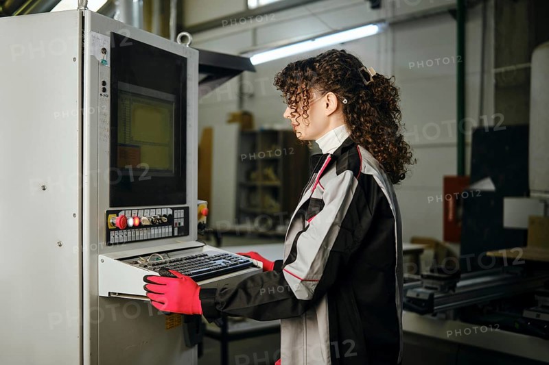 Woman launches an application for a milling machine in a furniture factory. She wears gloves and a jacket while focusing on the control panel. Tools and equipment are visible in the background