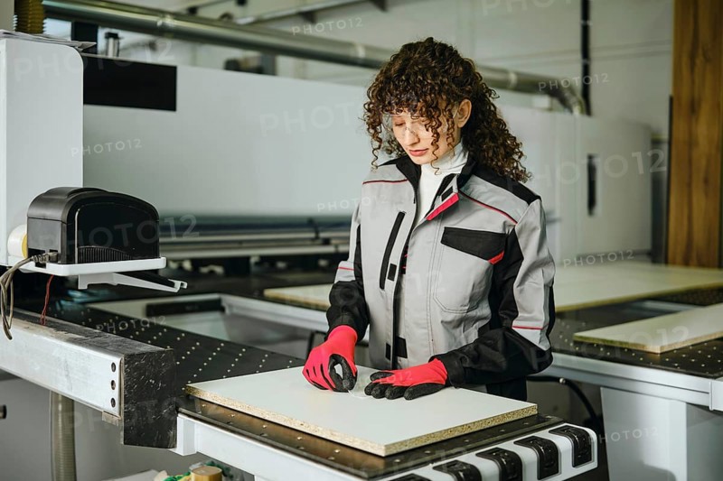 Woman sticks a label with the article on a sawn wooden sheet. She works in a furniture workshop, using tools and machinery on wood materials