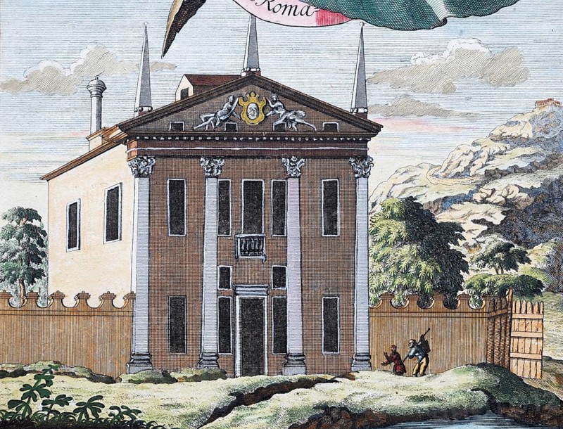 Palazzo, Moncelice, hand-colored copper engraving or copper etching by Johann Christoph Volkamer or Volckamer, from Nurembergian Hesperides or thorough description of the noble citronate, citrons, and bitter fruits, Nuremberg 1708, 1714