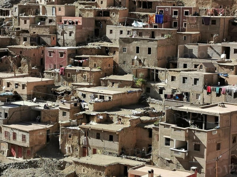 Densely built settlement with traditional houses on a mountainside, Morocco
