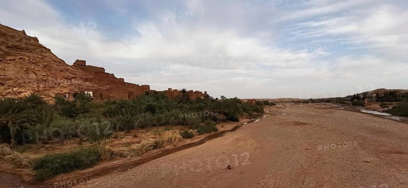 Arid desert landscape with oasis flair and an empty riverbed under a cloudy sky, Morocco