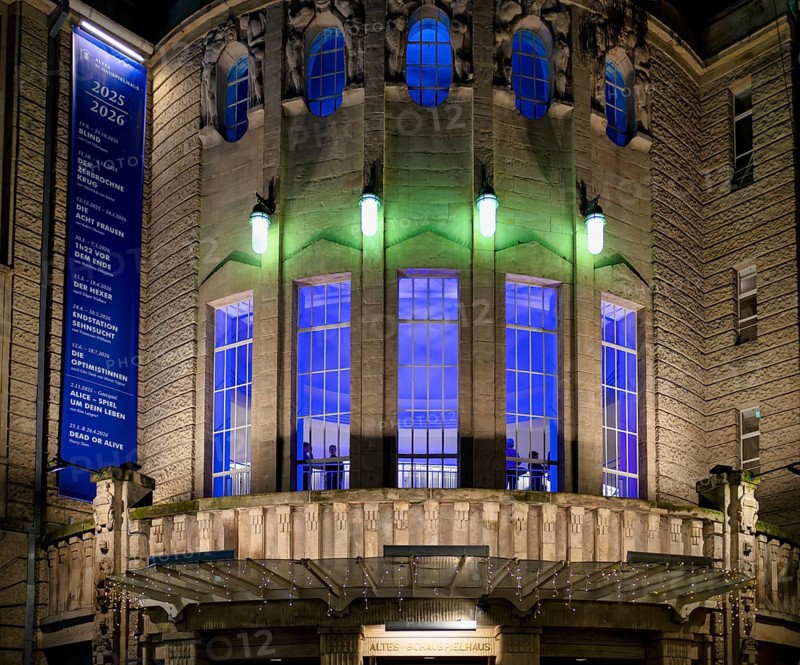 Balcony in front of theatre, Altes Schauspielhaus, façade, illuminated, Stuttgart, Baden-Württemberg, Germany