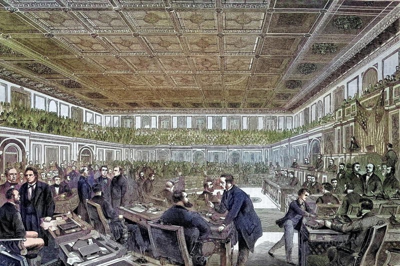 The House of Representatives in Washington, America, Johnson's impeachment trial in the United States Senate, Andrew Johnson, 1808 - 1875, the 17th President of the United States/The House of Representatives in Washington, America, Johnson's impeachment trial in the United States Senate, the 17th President of the United States, historical, digitally restored reproduction of an original original from the 19th century, exact original date unknown, subsequently colored