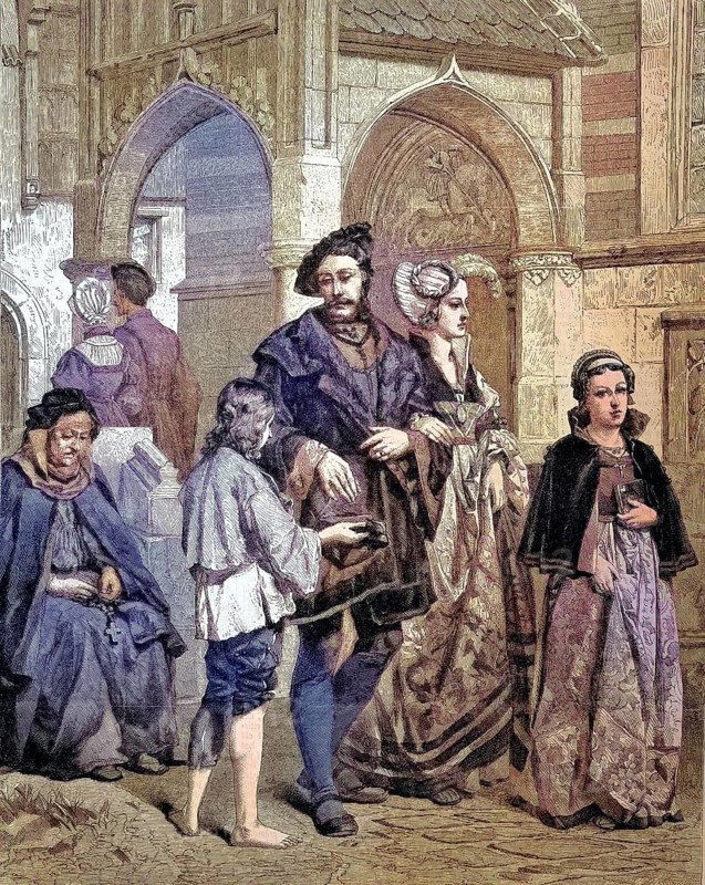 Noble people come out of the church and give alms to the poor, after the church beggars, donations/ Noble people come out of the church and give alms to the poor, after the church, beggars, donation, historical, digitally restored reproduction of an original model from the 19th century, exact original date not known, subsequently colored