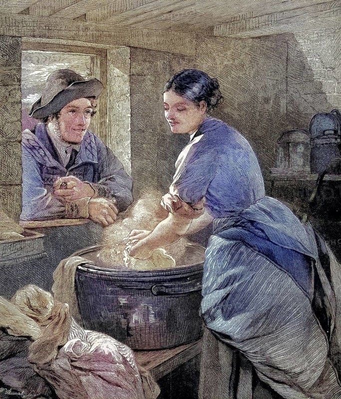 Woman doing housework, washing clothes, young man looking through the window and trying to flirt with her/Woman in housework, washing clothes, young man looking through the window and is trying to flirt with her, historical, digitally restored reproduction of an original original from the 19th century, exact original date unknown, colored afterwards