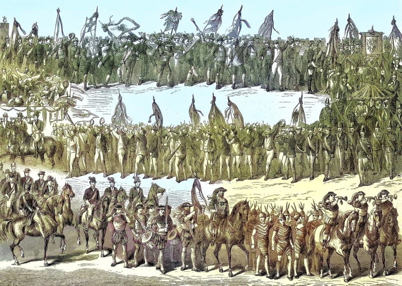 Shooting festival, a traditional festival or a mass with target shooting, here the defilee of the participants in a procession in Vienna, Austria/shooting festival, marksmen's festival, a traditional festival or fair featuring a target shooting, here the defilee of the participants in a procession at Vienna, Austria, historical, digitally restored reproduction of an original original from the 19th century, exact original date unknown, subsequently colored