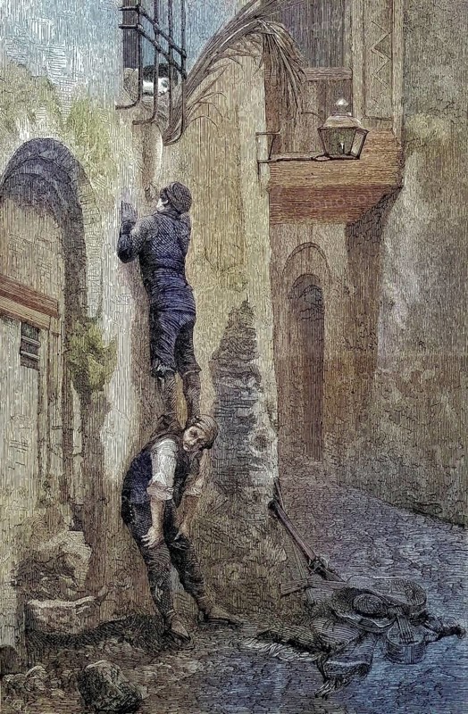 Courtship of a young man in Spain standing on the shoulder of his friends and talking to a young woman in the window, young life/Courtship of a young man in Spain, standing on the shoulder of his friends and talking to a young woman in the window, young live, historical, digitally restored reproduction of an original original from the 19th century, exact original date unknown, subsequently colored