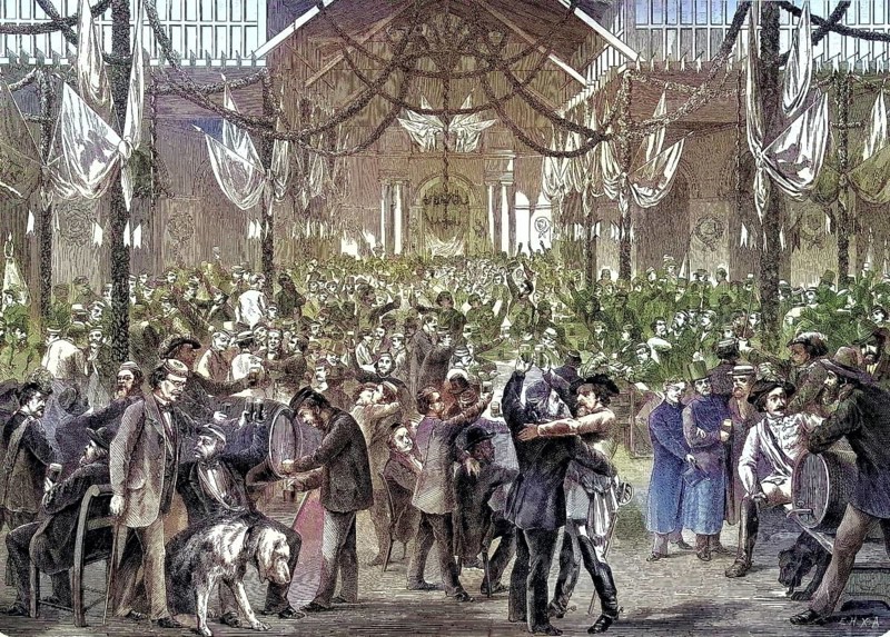 Large commercial, a traditional academic feast, in Poppelsdorf Palace, a Baroque building in the Poppelsdorf district of Bonn, Germany/Big commercium, a traditional academic feast, at the Poppelsdorf Castle, Poppelsdorf Palace, a Baroque building in the Poppelsdorf district of Bonn, Germany, historically, digitally restored reproduction of an original original from the 19th century, exact original date unknown, subsequently colored