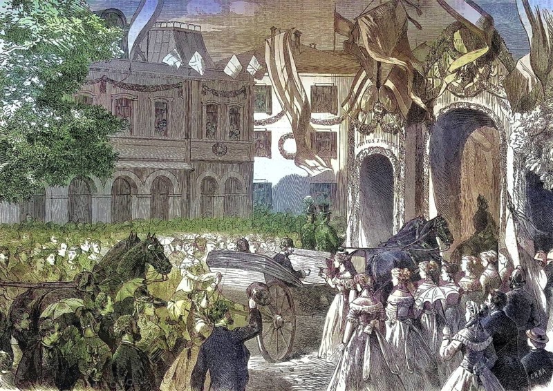 The reception of the King of Prussia in Homburg, Wilhelm I, Wilhelm Friedrich Ludwig, German: Wilhelm Friedrich Ludwig, 1797 - 1888, from the House of Hohenzollern was King of Prussia between 1861 and 1888, Bad Homburg vor der Höhe, Hesse, Germany/The reception of the King of Prussia in Homburg, William I, William Frederick Louis, German: Wilhelm Friedrich Ludwig, of the House of Hohenzollern was the King of Prussia between1861 and 1888, Hesse, Germany, historical, digitally restored reproduction of an original model from the 19th century, exact Original date unknown, colored later