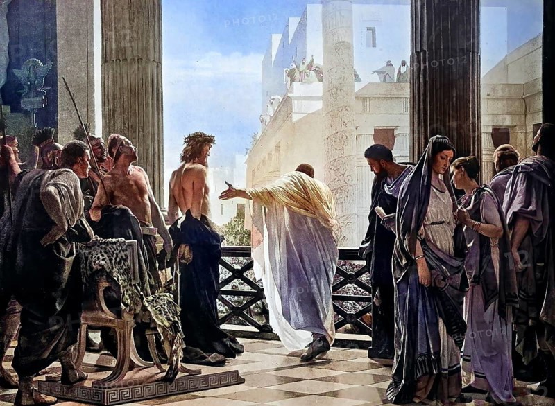Historcal photo (ca 1880) of Rome, Ecce Homo of A. Ciseri, National Gallery, Scene of the Ecce Homo is a standard component of cycles depicting the Passion and Life of Christ, Italy. Antonio Ciseri's depiction of the Ecce Homo / Historcal photo of Rome, Ecce Homo of A. Ciseri, national gallery, scene of the Ecce Homo is a standard component of cycles illustrating the Passion and Life of Christ, Italy. Antonio Ciseri's depiction of Ecce Homo, Historical, digitally restored reproduction of an original from the 19th century, exact original date unknown, subsequently coloured