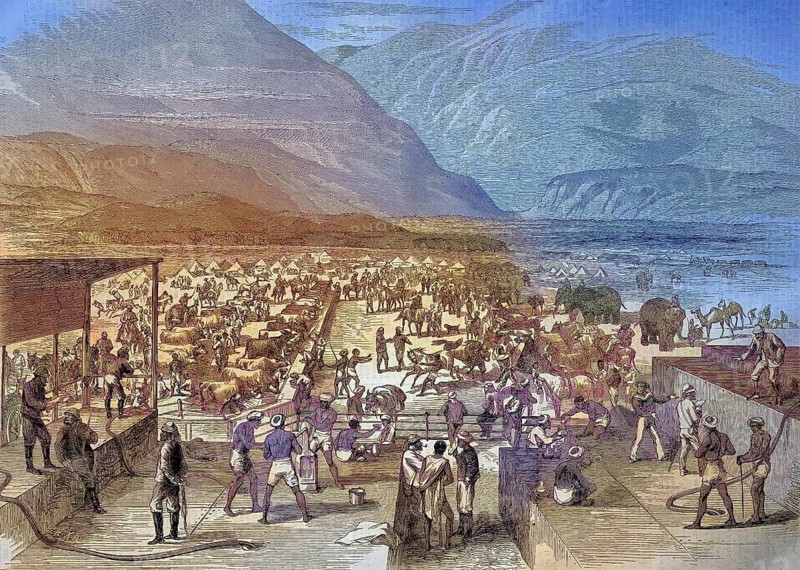 Abyssinian expedition from 1868, British troops at the waterhole in Zulla, Zula, Ethiopia, Abyssinia/Abyssinian expedition of 1868, British troops at the Waterhole in Zulla, Ethiopia, Abyssinia, historical, digitally restored reproduction of an original model from the 19th century, exact original date not known, subsequently colored