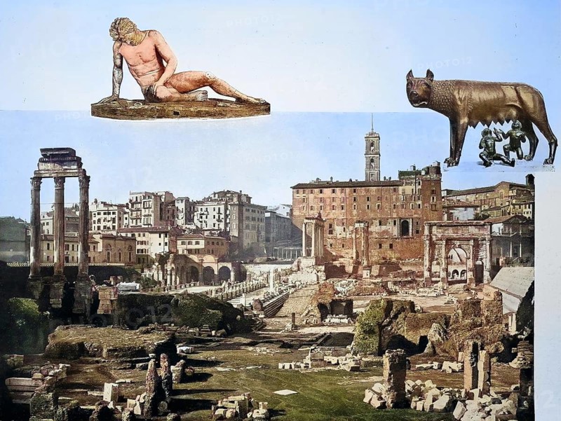 Historisches Foto (ca 1880) der Ruinen des Forums, Blick auf das Kapitol, Forum Romanum, Rom, Italien / Historical photo of Ruins of the Forum, Looking towards the Capitol, Roman Forum, Rome, Italy, Historical, digitally restored reproduction of an original from the 19th century, exact original date unknown, subsequently coloured
