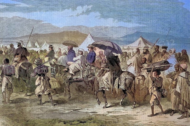 Abyssinian expedition of 1868, march of European British troops, prisoners from headquarters on the Dalanta plain, after the Battle of Magdala, Abyssinia, today Ethiopia/Abyssinian expedition of 1868, March of European British troops, prisoners from headquarters on the Dalanta plain, after the Battle of Magdala, Abyssinia, now Ethiopia, historically, digitally restored reproduction of an original original from the 19th century, exact original date unknown, colored later
