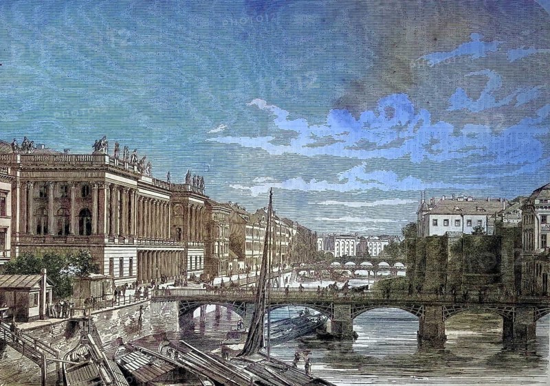 Berlin, Germany, the new stock exchange, the Friedrichsbrücke and the Kurfürstenbrücke over the Spree/Berlin, the new stock exchange, the bridge Friedrichsbrücke and the bridge Kurfürstenbrücke crossing river Spree, historical, digitally restored reproduction of an original model from the 19th century, exact original date not known, subsequently colored