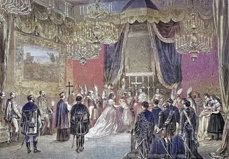 Baptism of the newborn Archduchess of Austria in the village of Ofen, Austria, Marie Therese of Austria/Baptism of the newborn Archduchess of Austria in the village of Ofen, Austria, Marie Therese of Austria, historical, digitally restored reproduction of an original model from the 19th century, exact original date unknown, subsequently colored