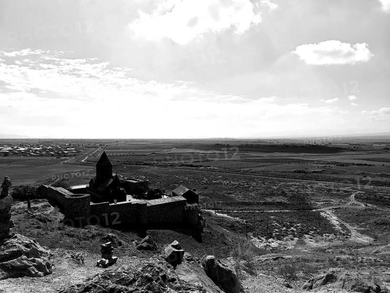 View of a vast landscape with monastery on a hill, Khor Virap, Armenia