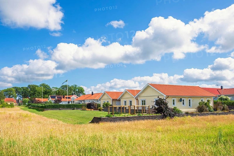 Residential houses with gardens and wooden facades along a green meadow under blue sky with white clouds in a suburban area a summer day, Falköping, Sweden