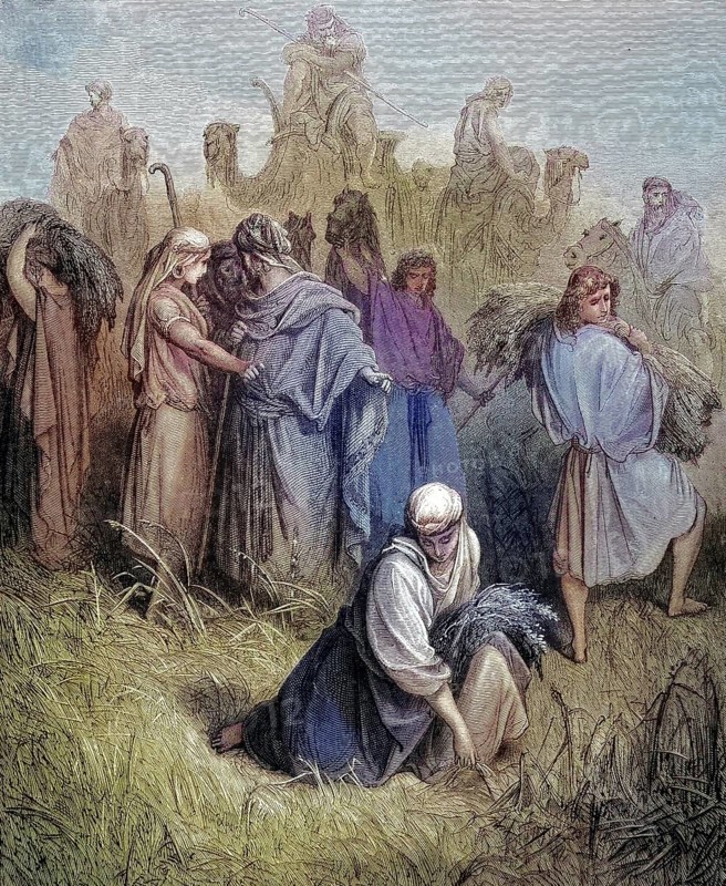 Ruth in Boaz's Field, Boaz is a biblical figure who appears in the Book of Ruth in the Hebrew Bible/Ruth in Boaz's Field, Boaz is a biblical figure appearing in the Book of Ruth in the Hebrew Bible, historical, digitally restored reproduction of an original model from the 19th century, exact original date not known, subsequently colored