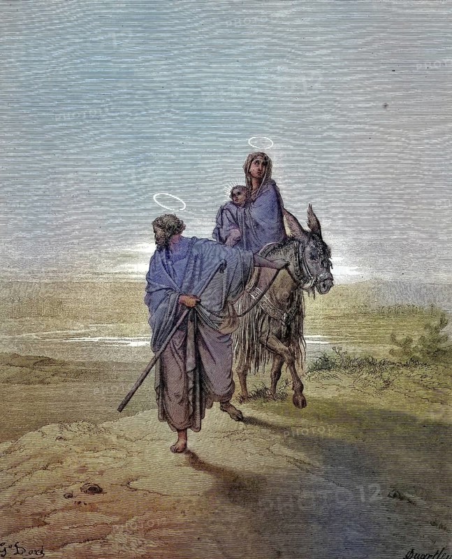 The flight to Egypt is a biblical event described in the Gospel of Matthew. Shortly after the visit of the Magi, who had learned that King Herod had the intention of killing the children in this area, an angel appeared to Joseph in a dream and advised him to flee to Egypt with Mary and the little son Jesus/The flight into Egypt is a biblical event described in the Gospel of Matthew. Soon after the visit by the Magi, who had learned that King Herod intended to kill the infants of that area, an angel appeared to Joseph in a dream to tell him to flee to Egypt with Mary and infant son Jesus, historical, digitally restored reproduction of an original original from the 19th century, exact original date unknown, subsequently colored