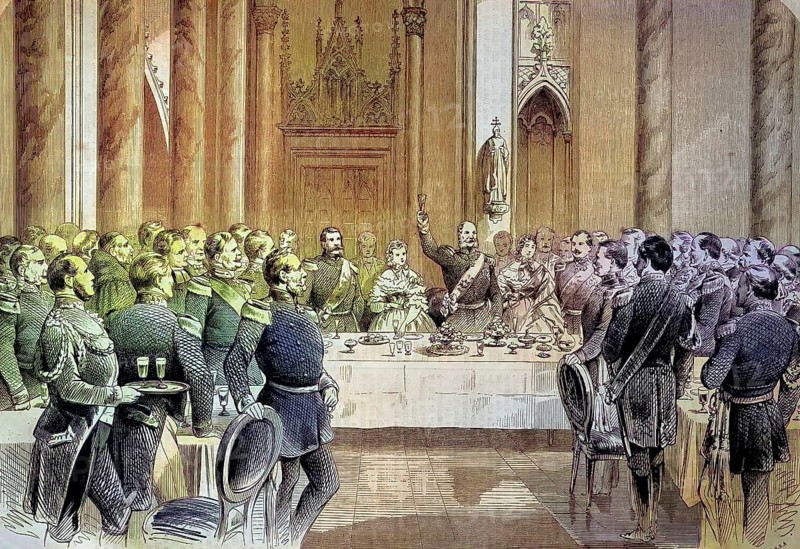Dinner in the stateroom of Hohenzollern Castle, Hohenzollern Castle, Baden-Württemberg, Germany, on October 3, 1867, The construction of the third castle was completed on October 3, 1867 under the brother Frederick William IV./Dinner at the stateroom of Hohenzollern Castle, Baden Württemberg, at October 3, 1867, Construction of the third castle was completed on October 3, 1867, under Frederick William IV's brother King William I, historic, digitally restored reproduction of an original model from the 19th century, exact original date unknown, Colored afterwards