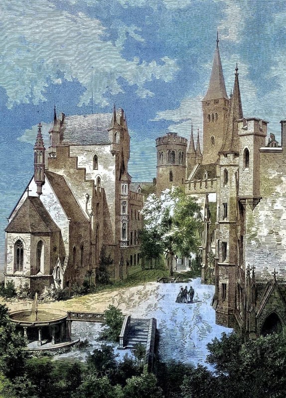 Courtyard of Hohenzollern Castle, Baden-Württemberg, Germany/Courtyard of Hohenzollern Castle, Baden Württemberg, Germany, historical, digitally restored reproduction of an original model from the 19th century, exact original date unknown, subsequently colored