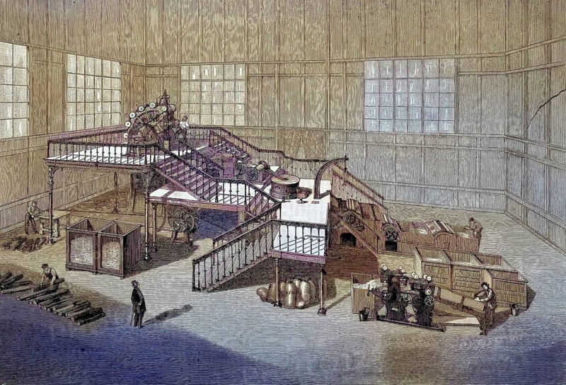 Heinrich Völter's paper mill at the World Fair in Paris, France, papermaking, industry of the Decker brothers/the paper mill of Heinrich Völter at the universal exposition at Paris, France, paper production, Decker brothers industry, historical, digitally restored reproduction of an original original from the 19th century, exact original date not known, subsequently colored