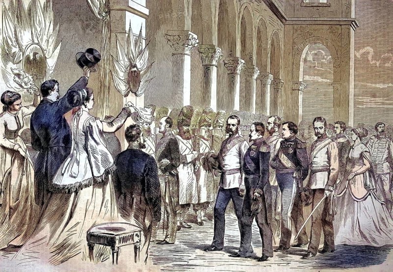 Emperor Franz Joseph I of Austria arriving for his visit to the World Fair, World Fair, World Exhibition or Universal Exhibition in Paris, France/Emperor Franz Joseph I of Austria arriving for his visit of the world's fair, world fair, world exposition, or universal exposition at Paris, France, historical, digitally restored reproduction of an original model from the 19th century, exact original date not known, subsequently colored