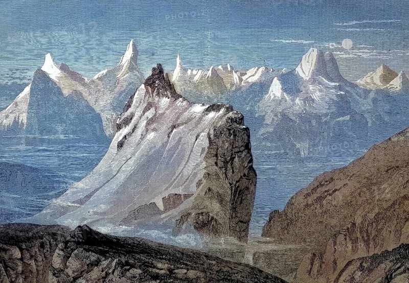 The mountains of the Alps in the Bernese Oberland, Switzerland, view from the Faulhorn/The mountains of the Alps in the Bernese Oberland, Switzerland, view from the Faulhorn hill, historical, digitally restored reproduction of an original original from the 19th century, exact original date not known, subsequently colored