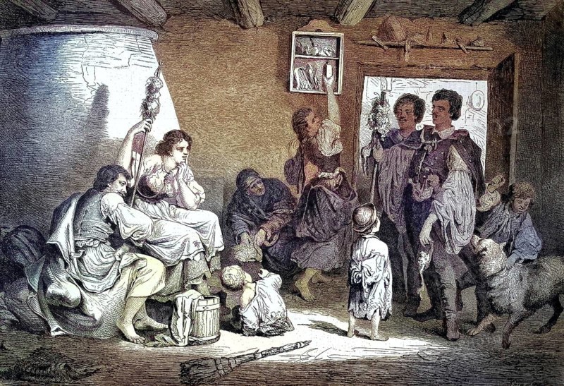 Old custom, a wedding loader in Hungary visits a family to extend an invitation to a wedding/ancient custom, a wedding loader in Hungary visit a family to extend an invitation to a wedding, historical, digitally restored reproduction of an original original from the 19th century, exact original date not known, colored afterwards