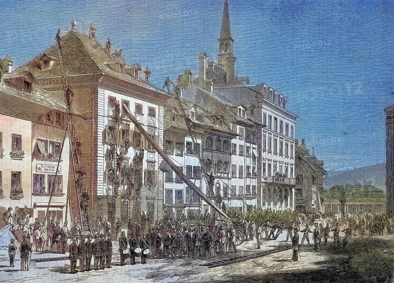 The fire brigade of the city of Bern in Switzerland during an exercise/The Fire Brigade in the City of Bern in Switzerland during an exercise, historical, digitally restored reproduction of an original model from the 19th century, exact original date unknown, subsequently colored