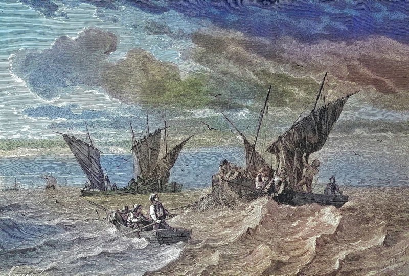 Fishermen at sardine catch near the coast of Brittany, France/Fishermen at sardine catch near the coast of Brittany, France, historical, digitally restored reproduction of an original original from the 19th century, exact original date not known, subsequently colored