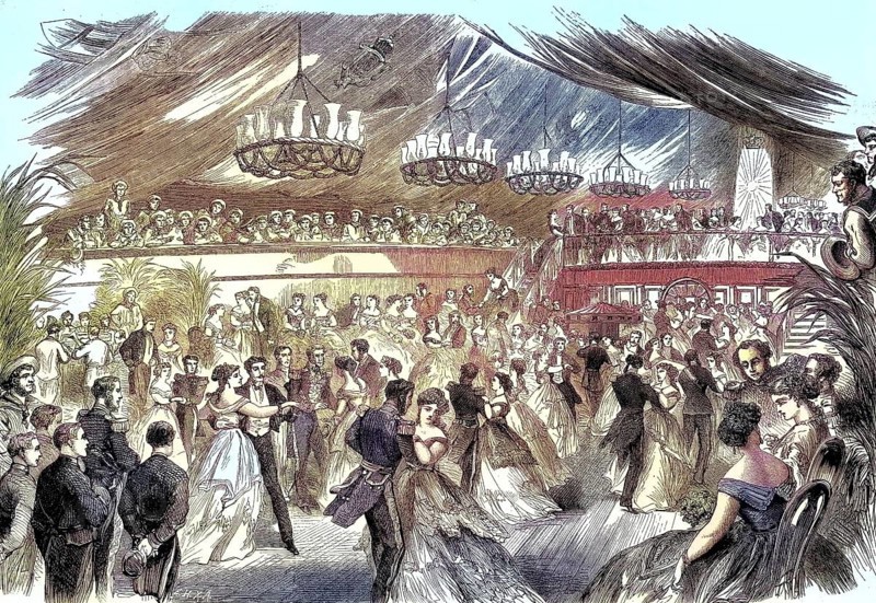 Ship Royal Alfred, ball, dance party on the ship in the port of Rhede in Barbados/ship Royal Alfred, dance party on the ship in the harbour of Rhede at Barbados, historical, digitally restored reproduction of an original original from the 19th century, exact original date unknown, subsequently colored