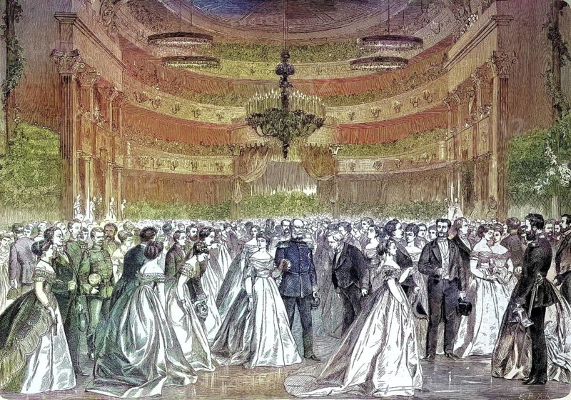A subscription ball dance party at the Berlin Opera, Germany/a subscription ball dance party in the opera of Berlin, Germany, historical, digitally restored reproduction of an original model from the 19th century, exact original date not known, subsequently colored